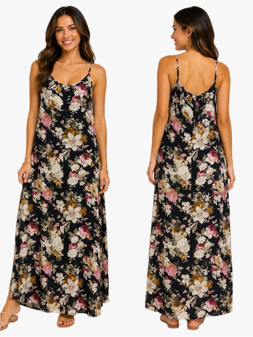 H&M Floral Black Maxi Slip Dress with Spaghetti Straps Women’s Size XS